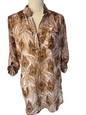 CALS Peacock Feather Print Sheer Button-Up Blouse With Roll-Tab Sleeves M